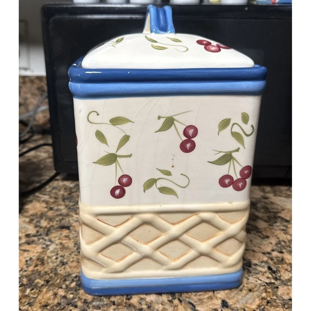 INSPIRADO Large Handpainted Stonelite Clay Cookie Jar Cherry Basket Weave Design